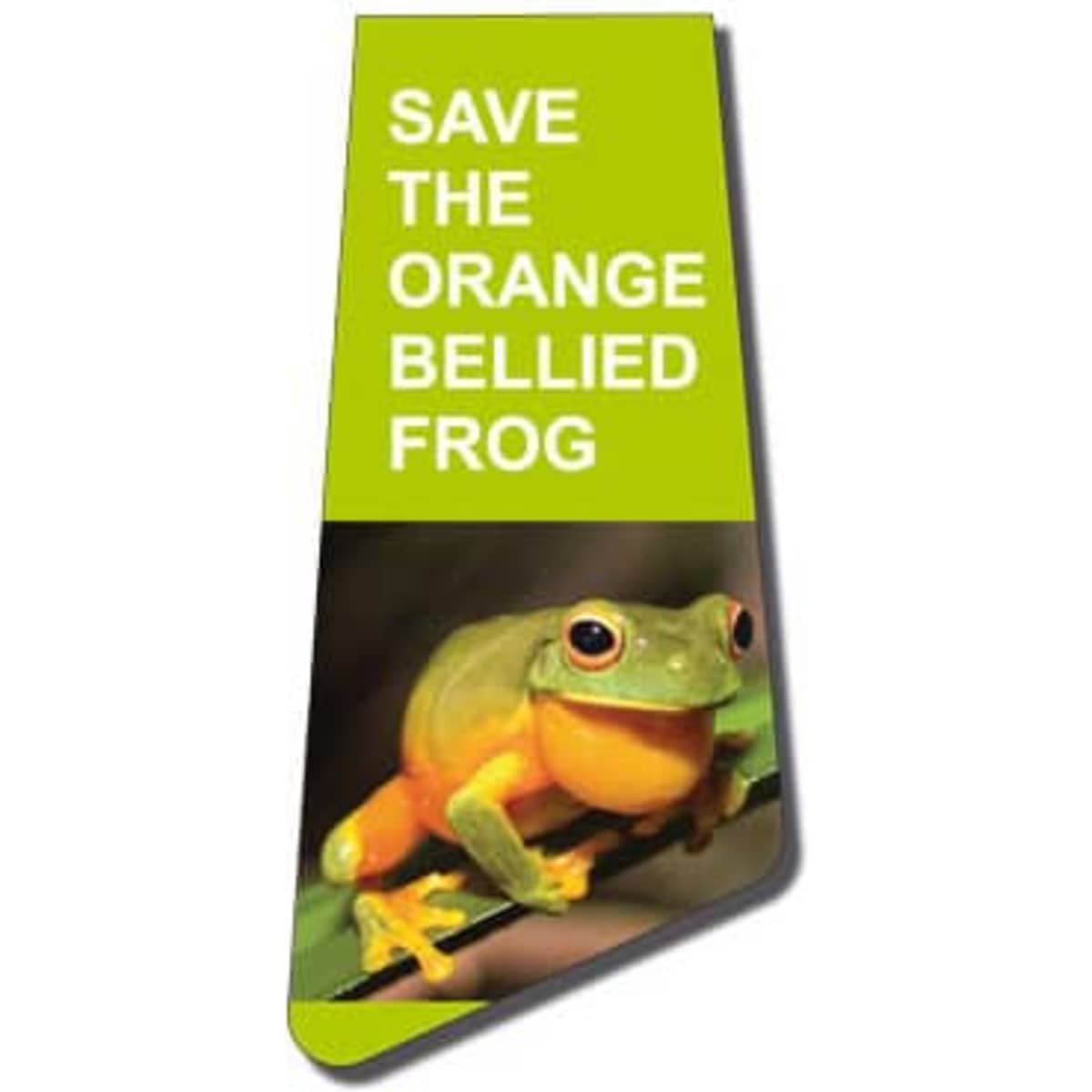 A green magnetic bookmark featuring an image of an orange-bellied frog. It has a logo on the side.