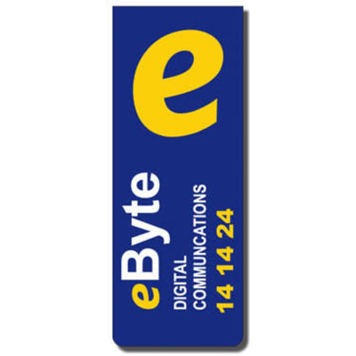 A blue and yellow magnetic bookmark featuring a logo and the name "eByte Digital Communications."