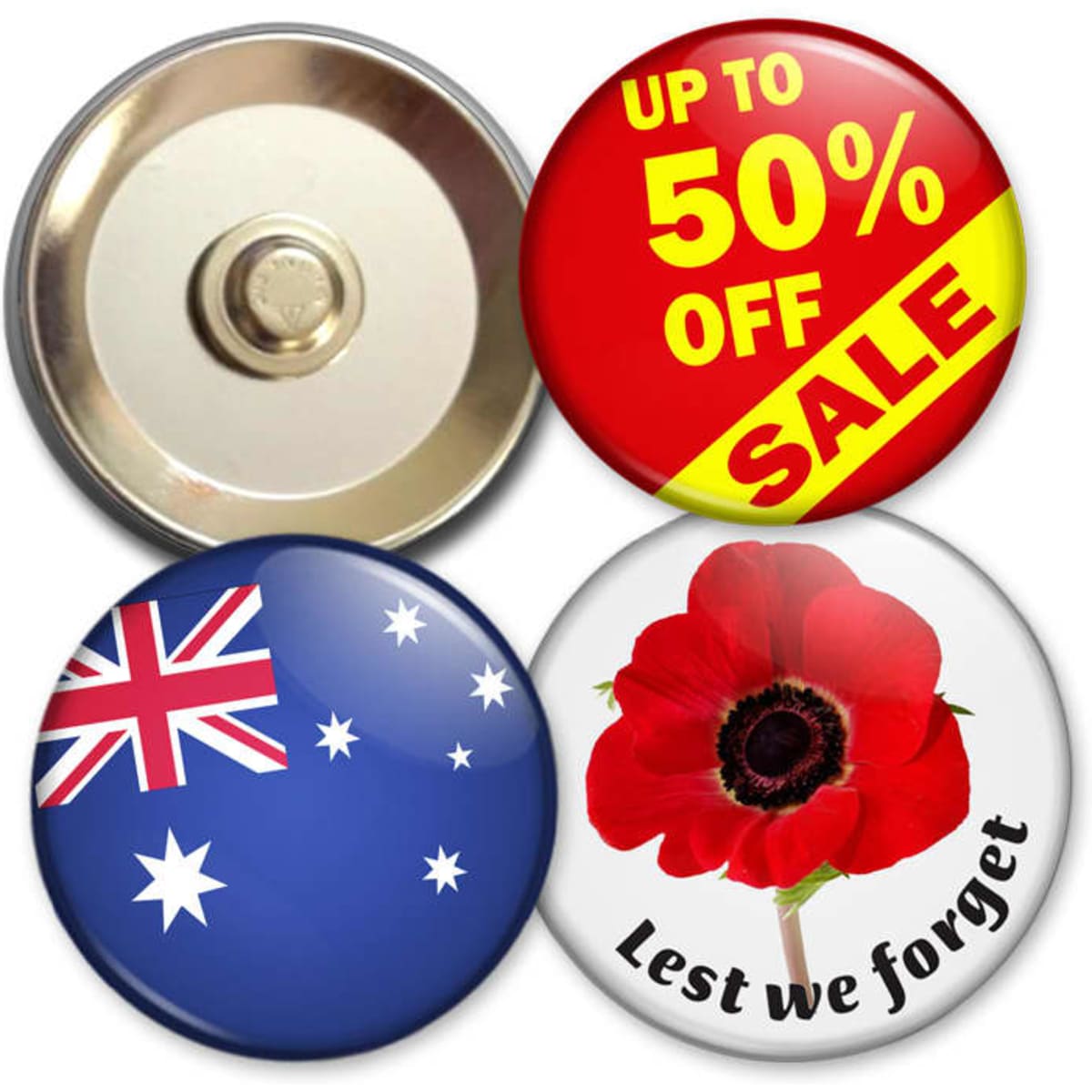 Four magnetic button badges in various designs: an Australian flag, a red poppy, and a promotional badge with a logo.