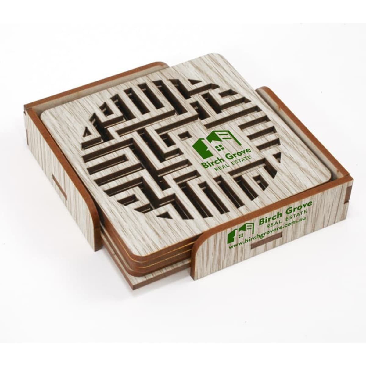 A set of eco MDF coasters in a wooden holder with a geometric design and a branded logo.