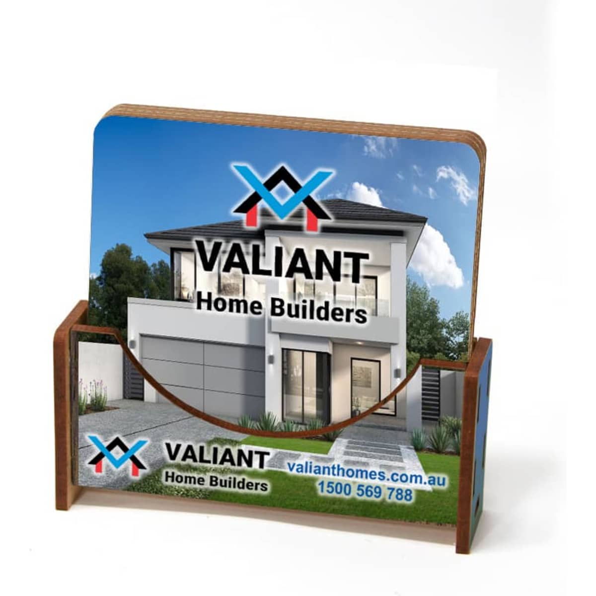 A coaster set featuring full-colour images of a modern house with a wooden holder, displaying a logo.