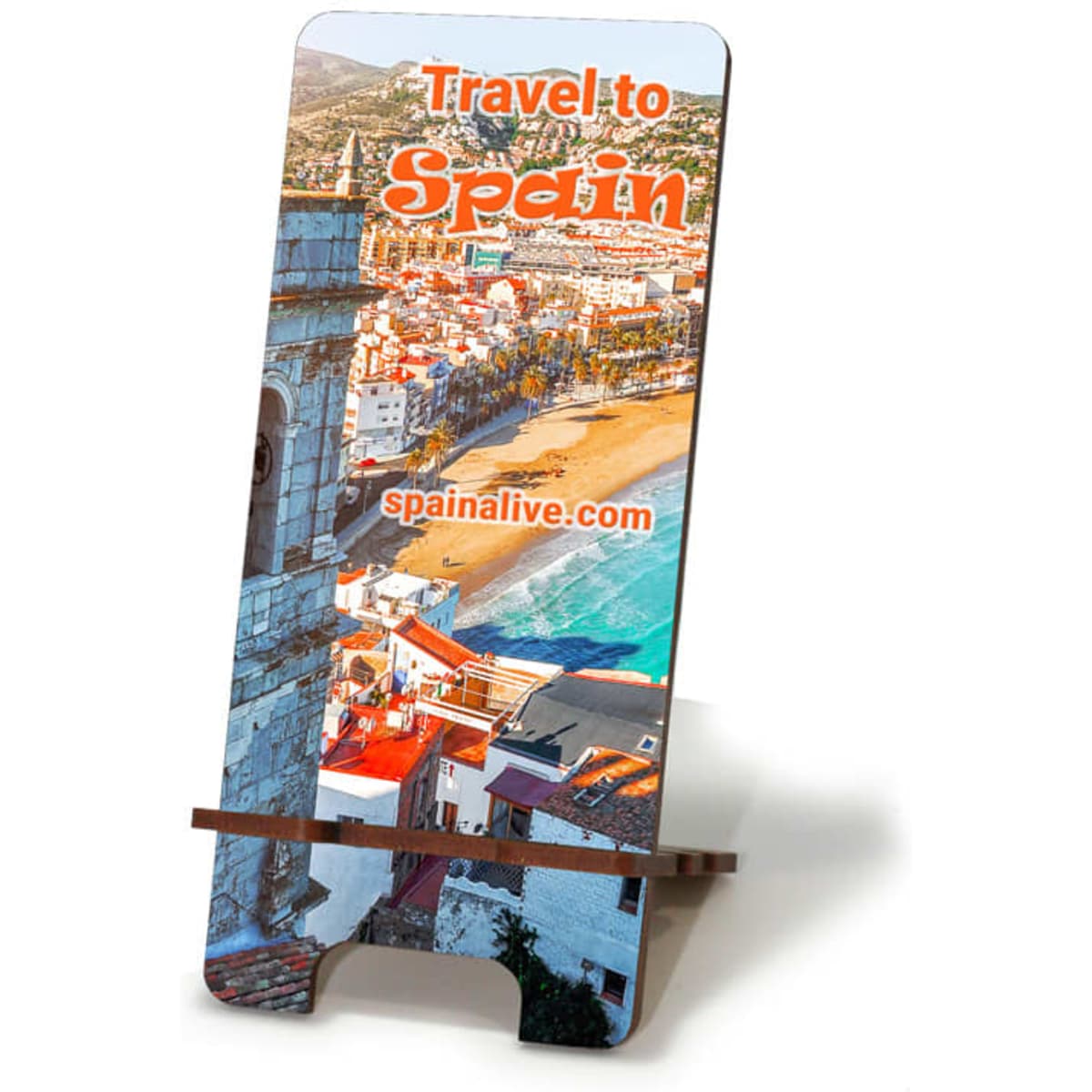 A full-colour eco MDF phone holder featuring a scenic view of a beach in Spain. It has a logo on the front.