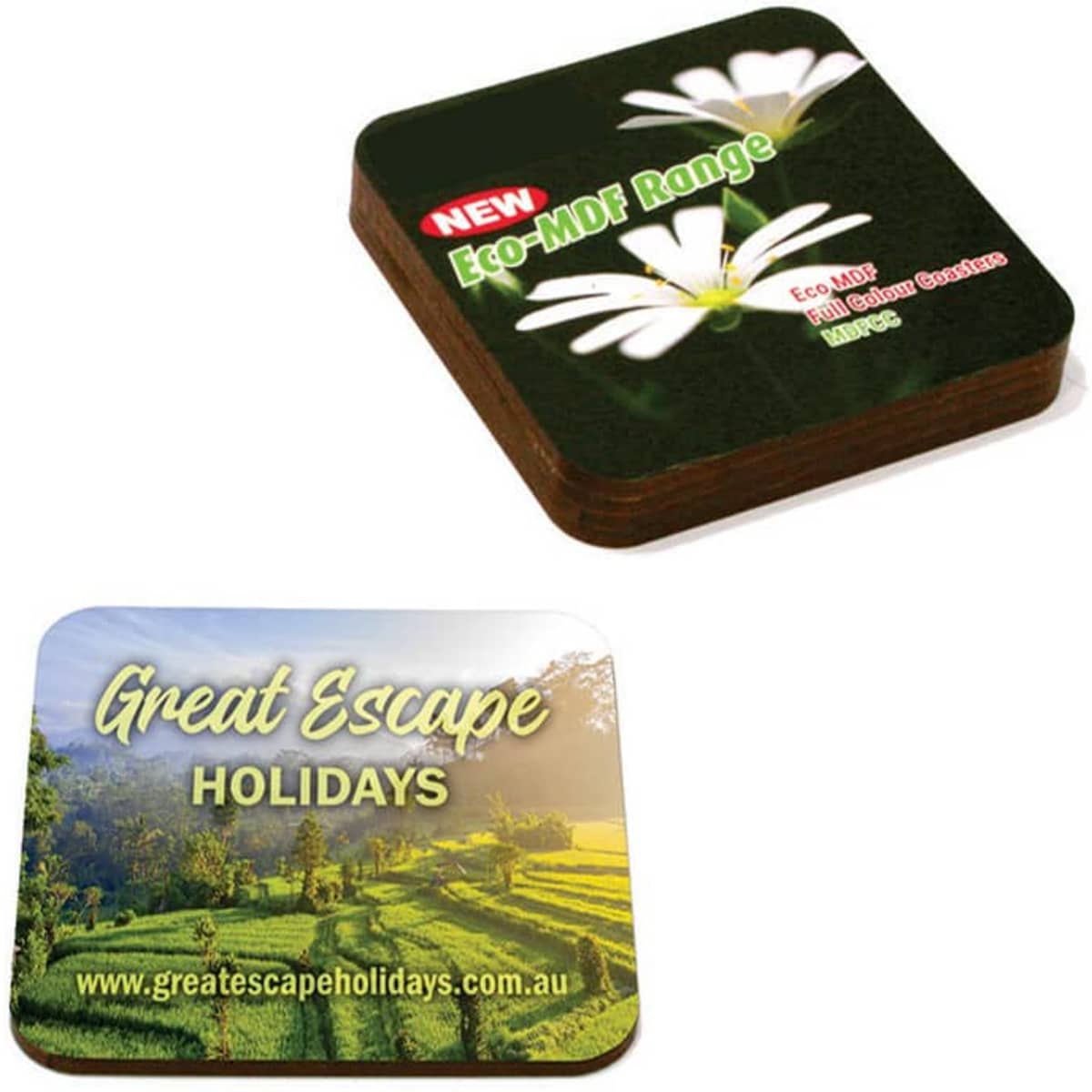Eco MDF full colour coasters featuring floral and landscape designs, with a dark background and a logo.