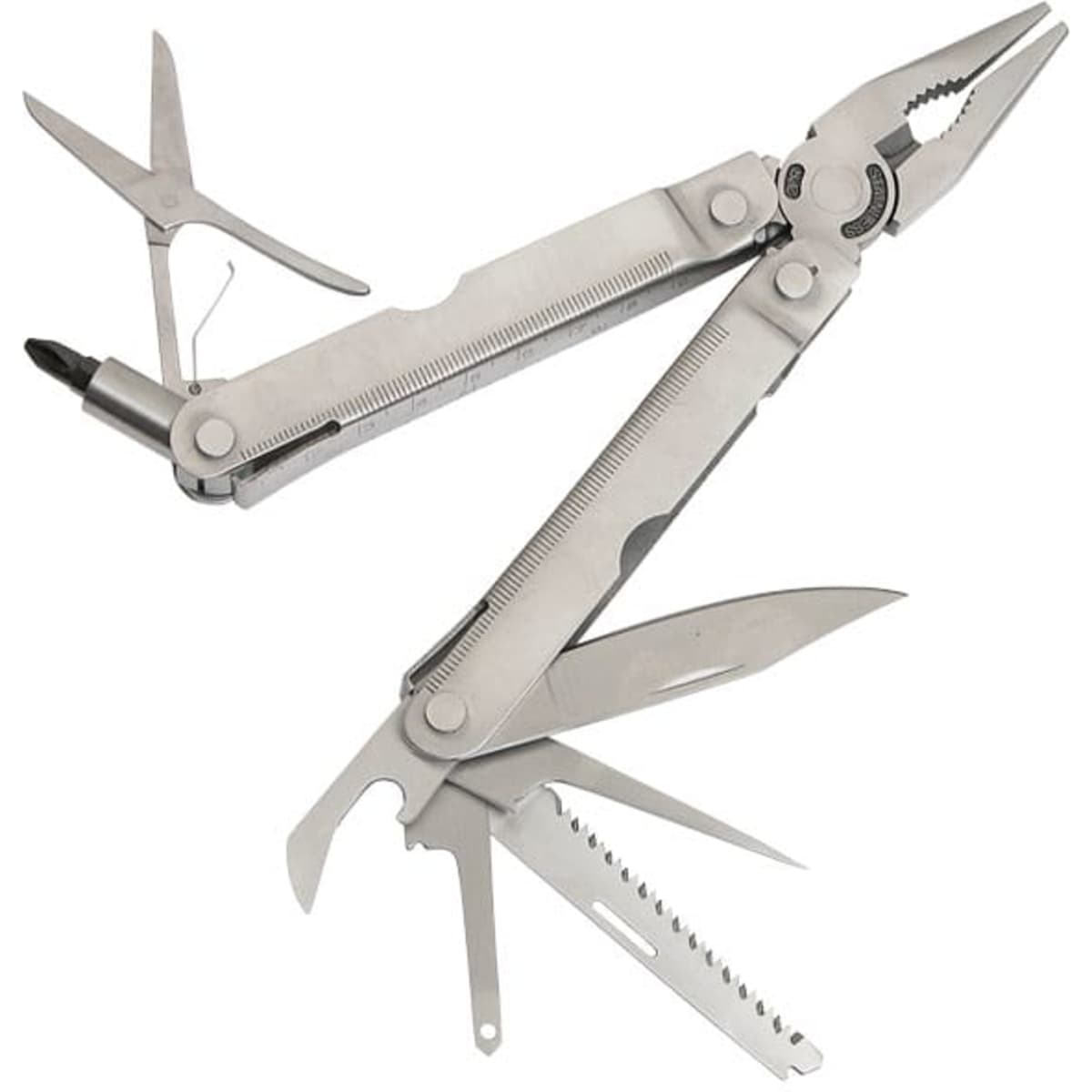 A multi-tool with various stainless steel attachments including pliers, scissors, and different blades. It has a compact design.
