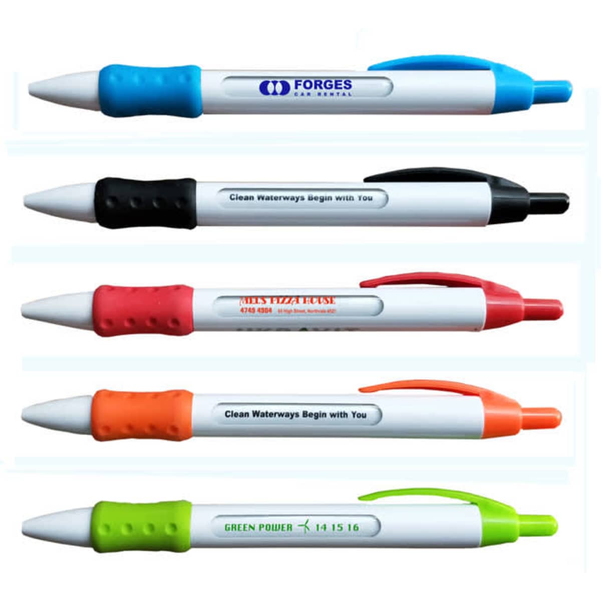 A collection of five pens in various colours: blue, black, red, orange, and green, featuring a logo on each.