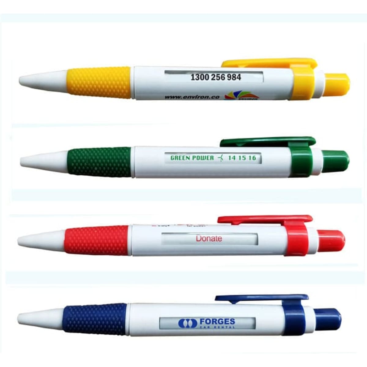 A set of four pens in yellow, green, red, and blue, each featuring a logo and grip texture.