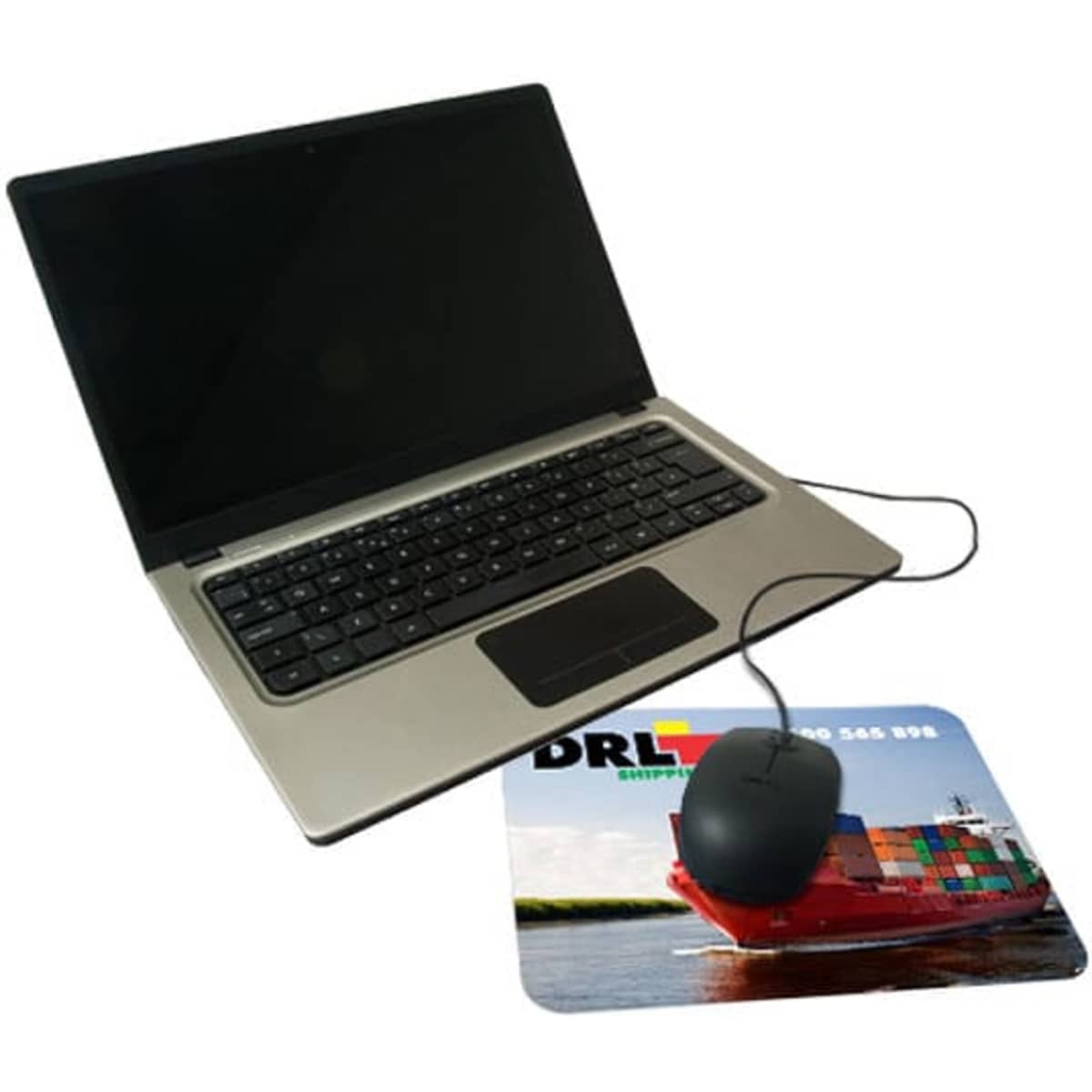 A sleek laptop next to a colourful microfiber mouse mat featuring a ship design and a mouse on top.