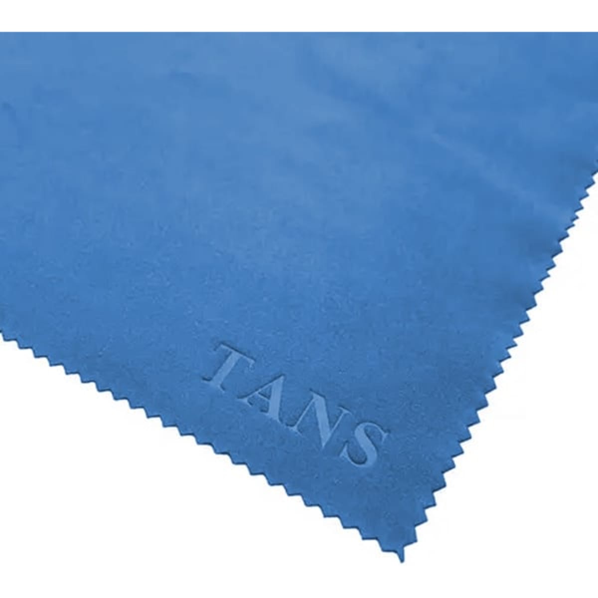 A blue microfibre lens cloth with an embossed logo, featuring a textured edge.