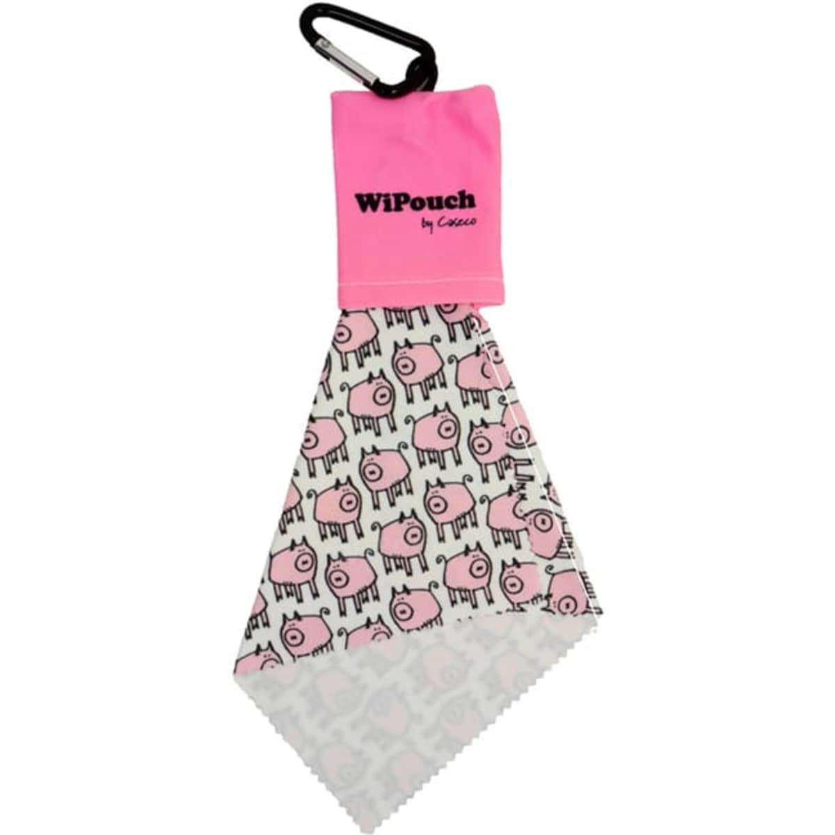 A pink microfibre cloth keyring with a pig pattern, attached to a black carabiner. Features a branding logo.