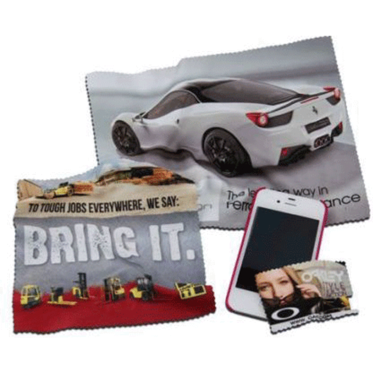 Microfibre lens cloths featuring full colour prints, showcasing various images including a sports car and promotional text.