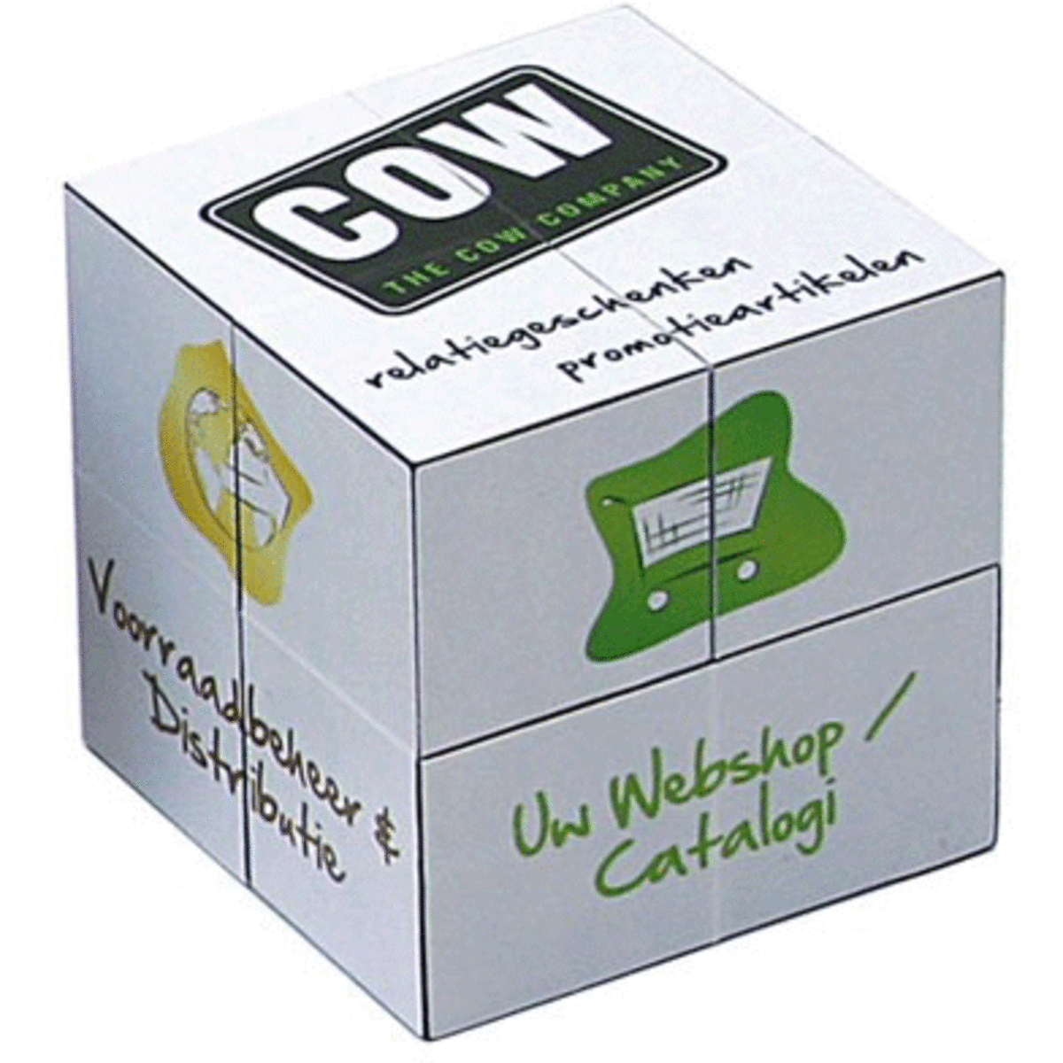 A mini cube in white with graphics, featuring a logo, and sections for promotional content.