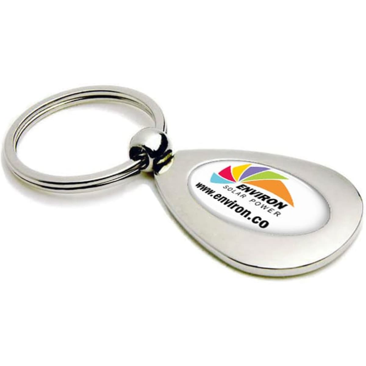 A silver metal keyring in a teardrop shape, featuring a logo on a white background.