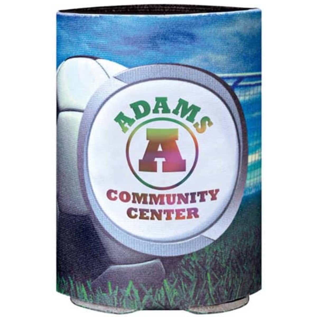 A full colour flat stubby holder featuring vibrant graphics and a circular logo on a grassy background.