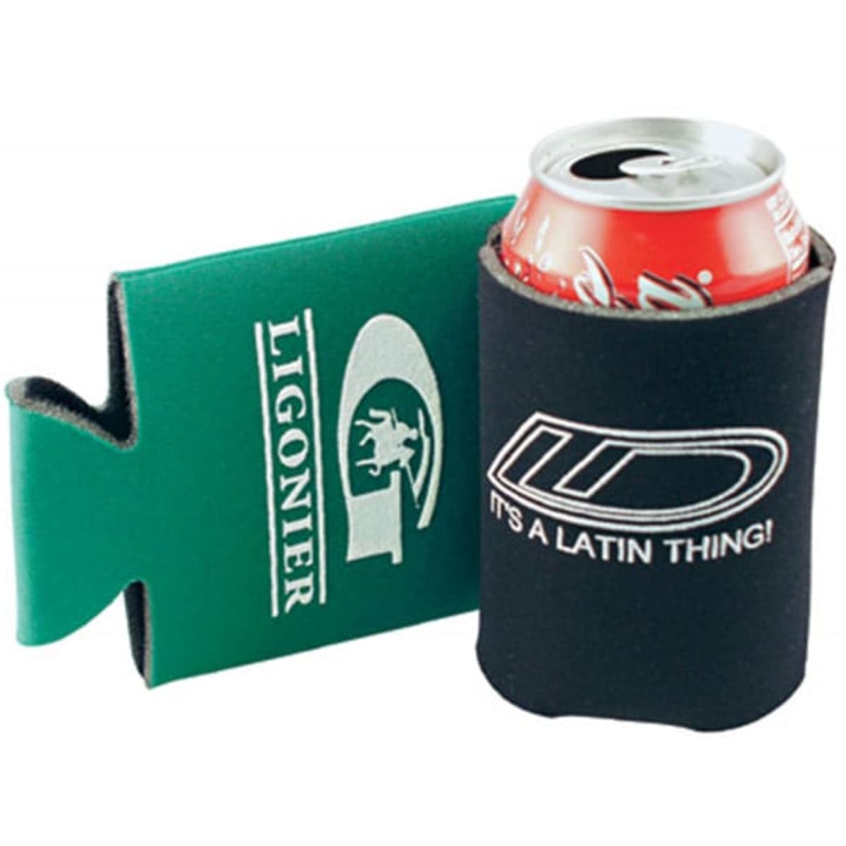 A drink bottle holder in green and black with logos, featuring a can of soda inside.