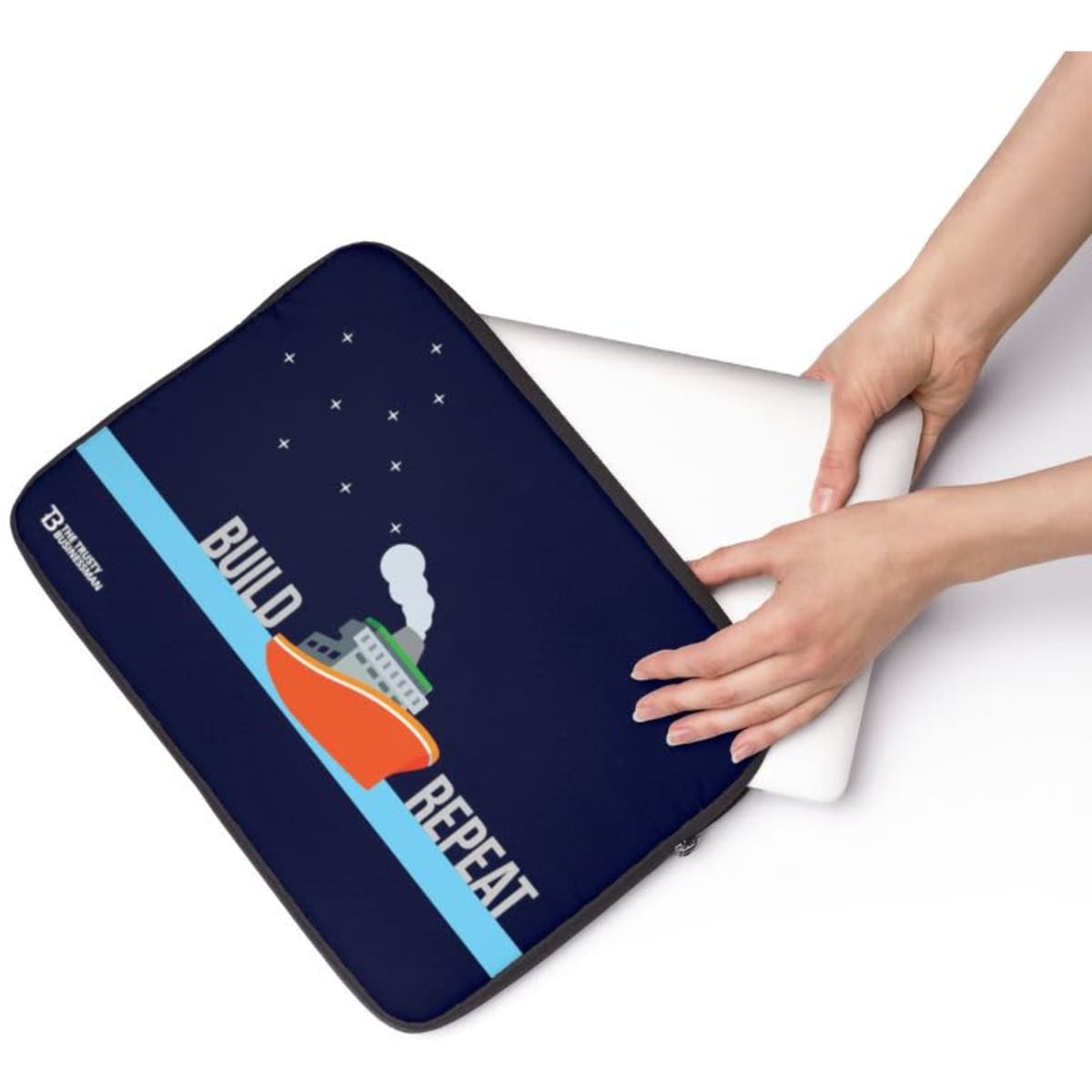 A neoprene laptop sleeve in navy blue, featuring a graphic of a boat and a logo, being held by hands.