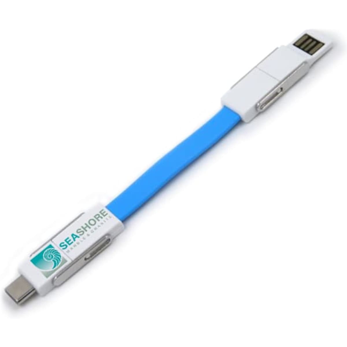 A blue 4 in 1 USB cable with connectors on both ends and a logo on one side.