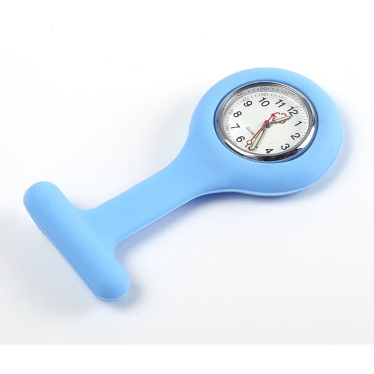 A blue silicone nurse watch with a round dial displaying numbers and hands. It has a T-shaped design for easy attachment.