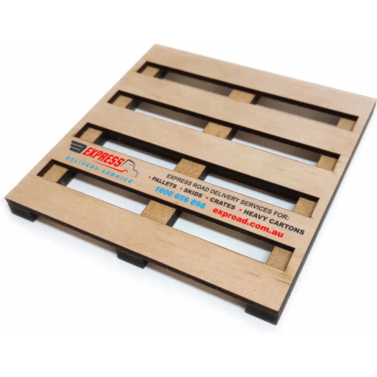 A wooden coaster designed to resemble a pallet, featuring a logo and a light brown finish.