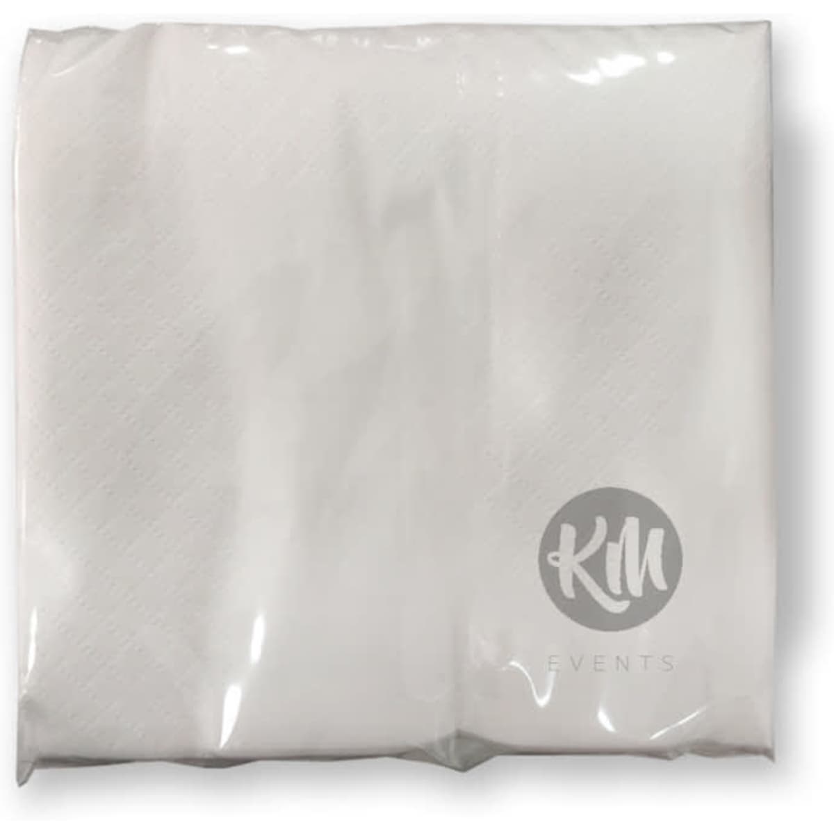 A pack of white paper napkins in clear packaging, featuring a logo on the front.