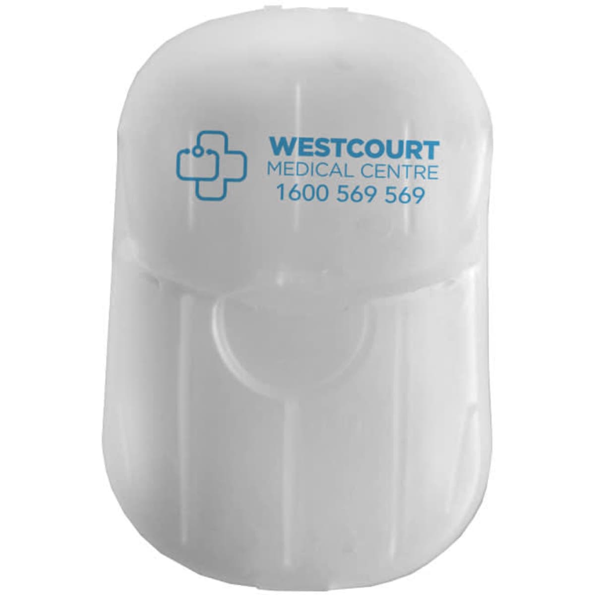 A white hygienic paper soap product with a logo, featuring a rounded cap design.