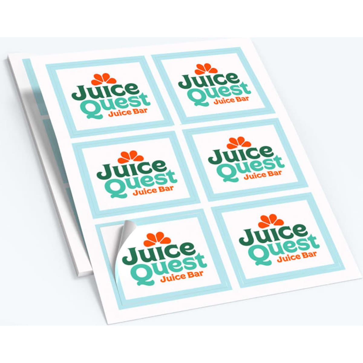 A sheet of paper stickers featuring a colourful design with a logo. The stickers are printed in multiple squares.