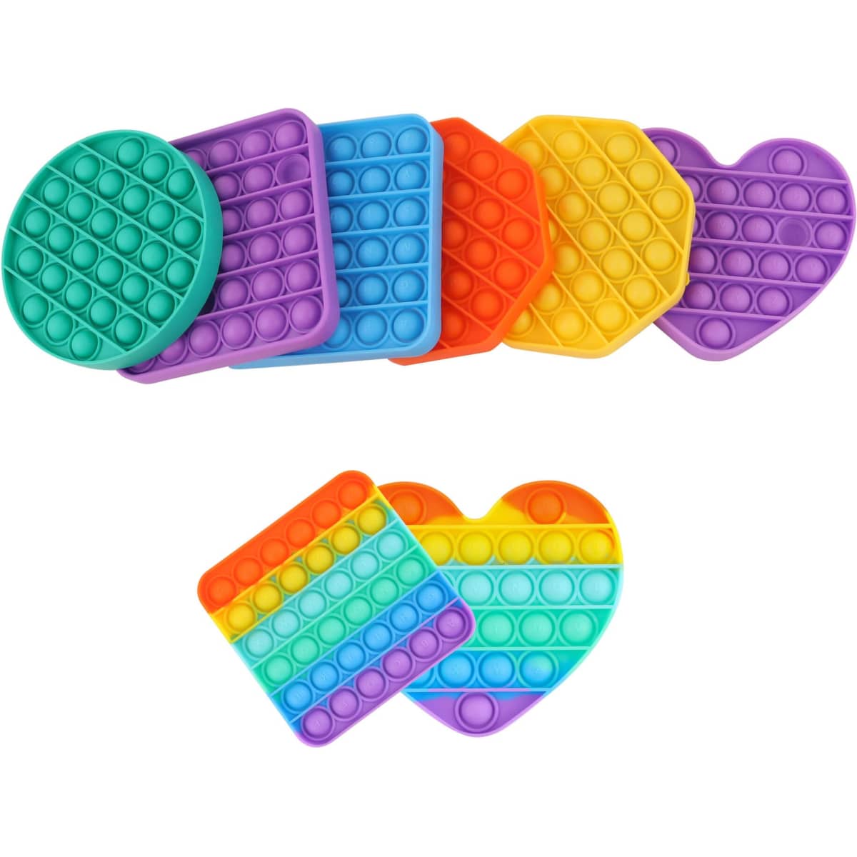 A collection of various textured pop fidget toys in colours like purple, green, yellow, orange, and blue.