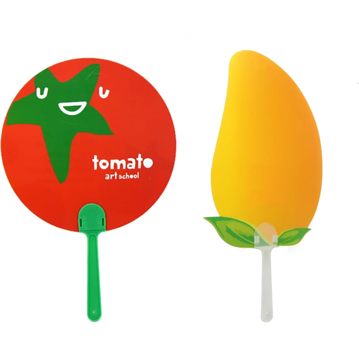 A red round hand fan with a green star design and a yellow fan shaped like a mango with green leaves.