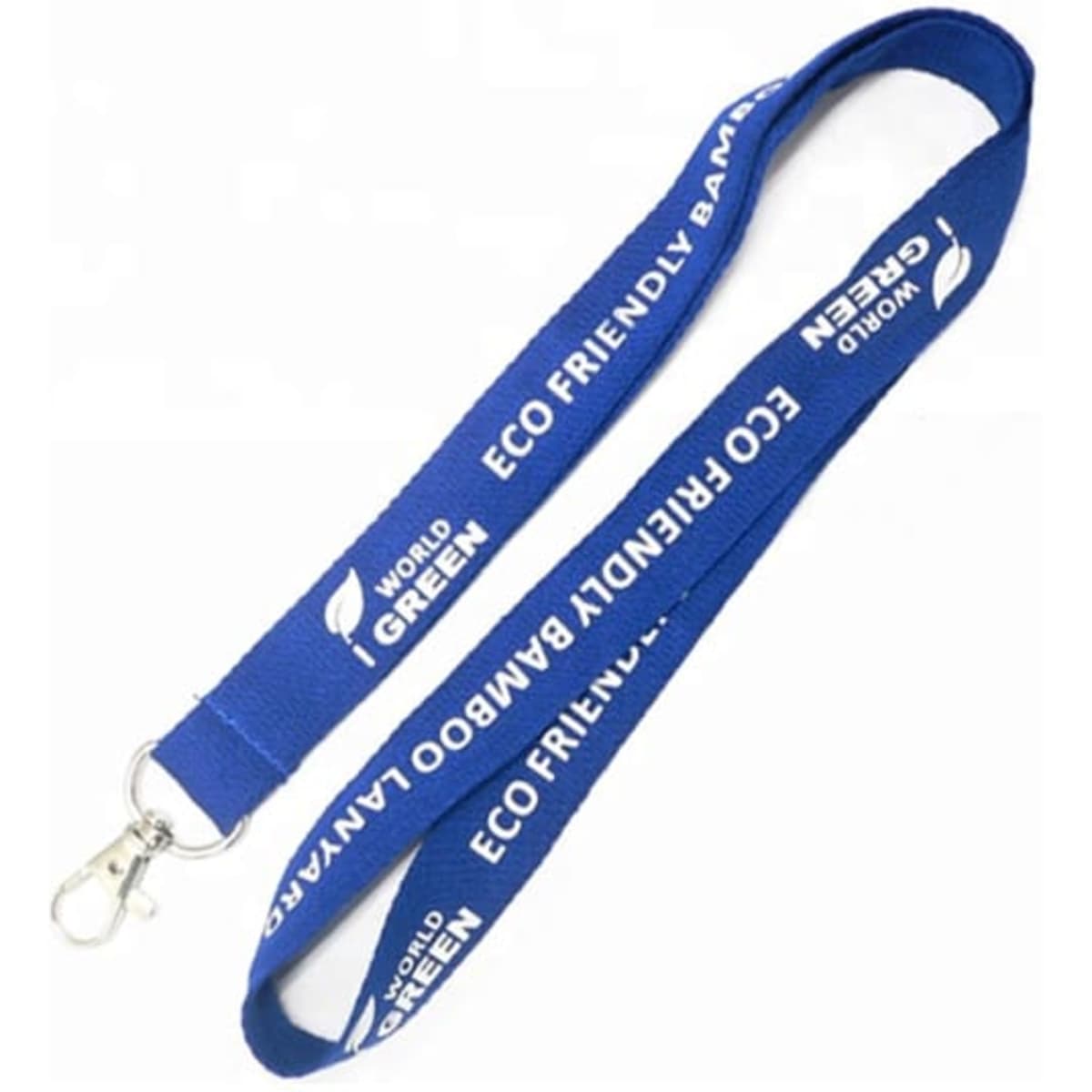 A blue bamboo lanyard with white lettering and a silver clip at one end, featuring a logo.