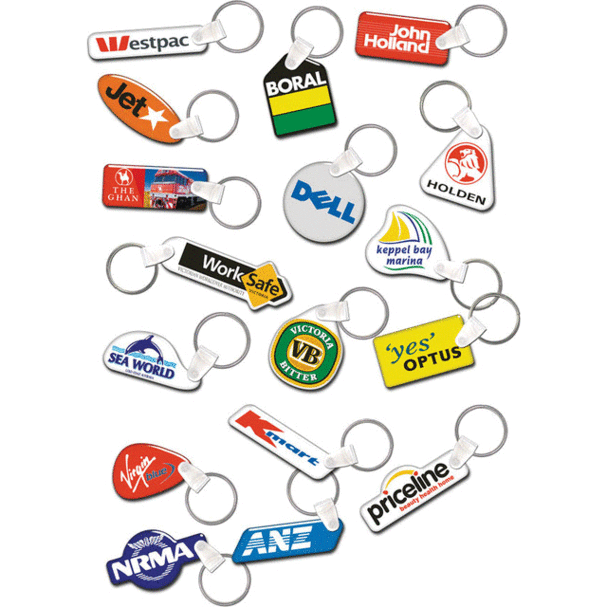 A collection of assorted keyrings in various shapes and colours, featuring several logos and branding elements.