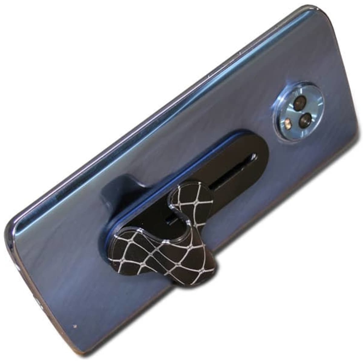 A sleek blue phone with a black and white patterned push-pull stand attached to its back.