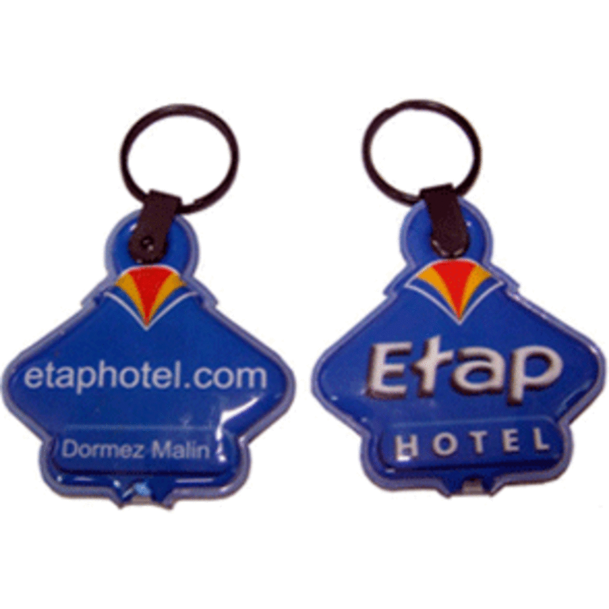 A blue PVC keyring featuring an LED light and a logo, attached to a metal keychain.