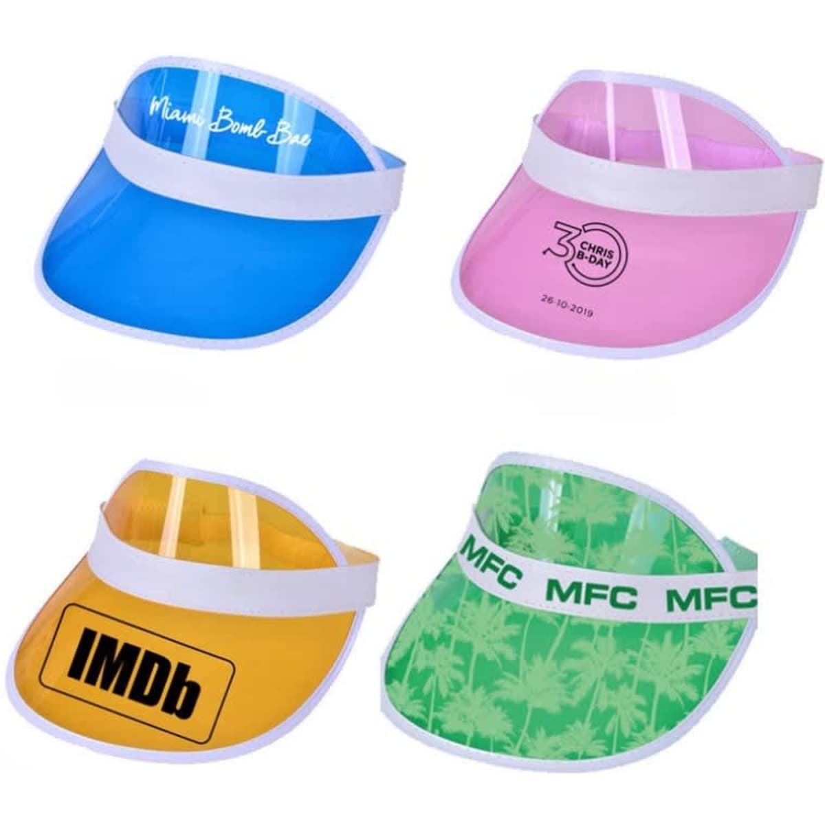 Four PVC sun visors in blue, pink, yellow, and green, featuring various designs and logos.