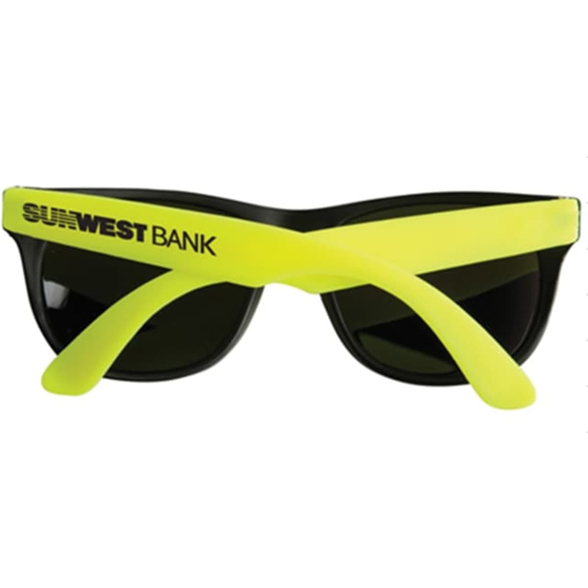 Retro fashion sunglasses featuring a black frame and bright yellow arms, with a logo on one side.