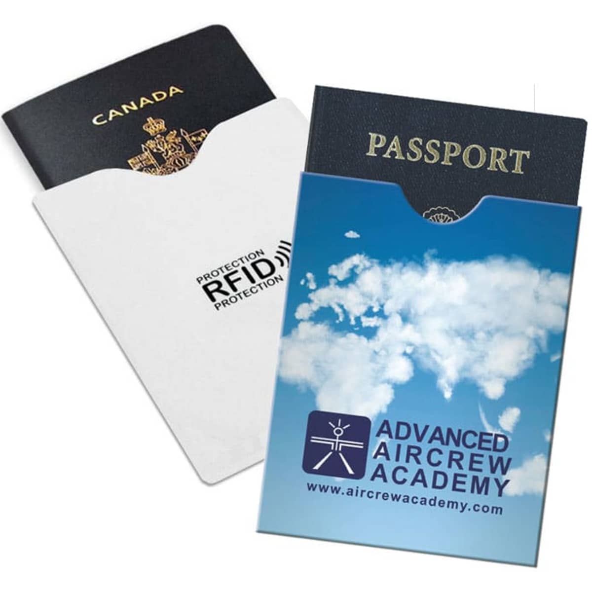 A white RFID blocker pouch with a logo, holding a passport and a Canadian passport cover.