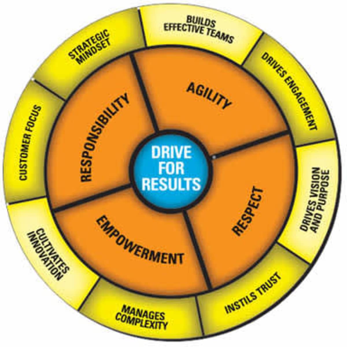 A circular diagram with orange and yellow sections highlighting themes such as Agility, Empowerment, and Responsibility, with a central focus on "Drive for Results."