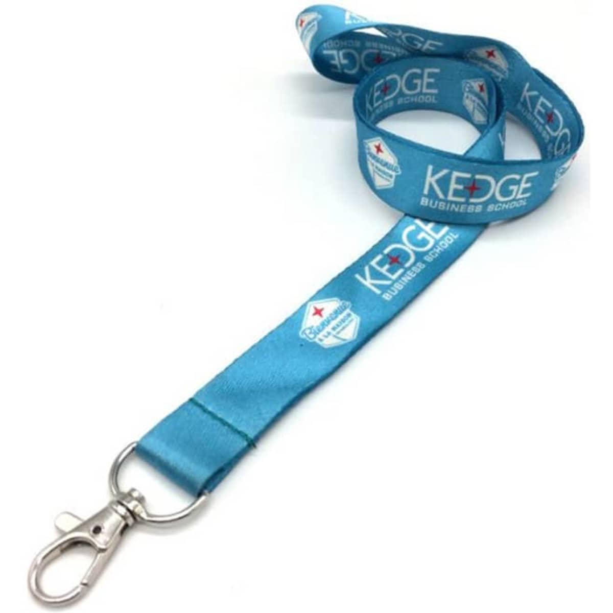 A blue lanyard with a silver clip, featuring printed logos and designs along its length.