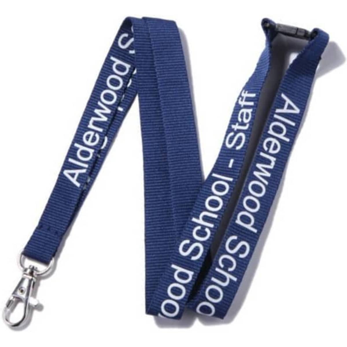 A navy blue lanyard with screen printing and a clip attachment, featuring a logo.
