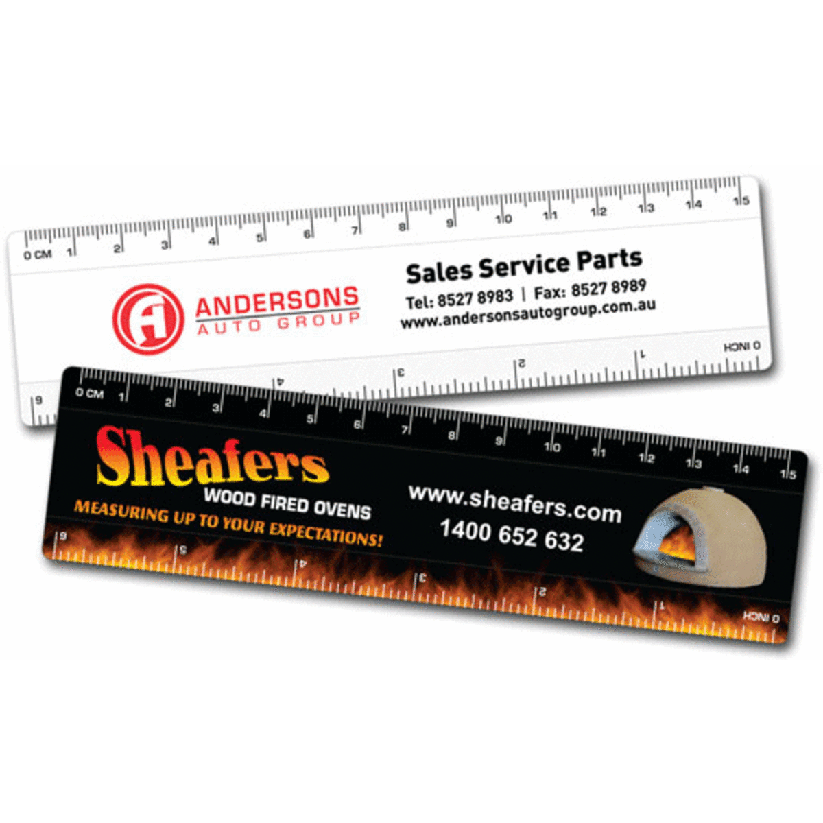 A 15cm molded ruler featuring a white and black design with branding on both sides.