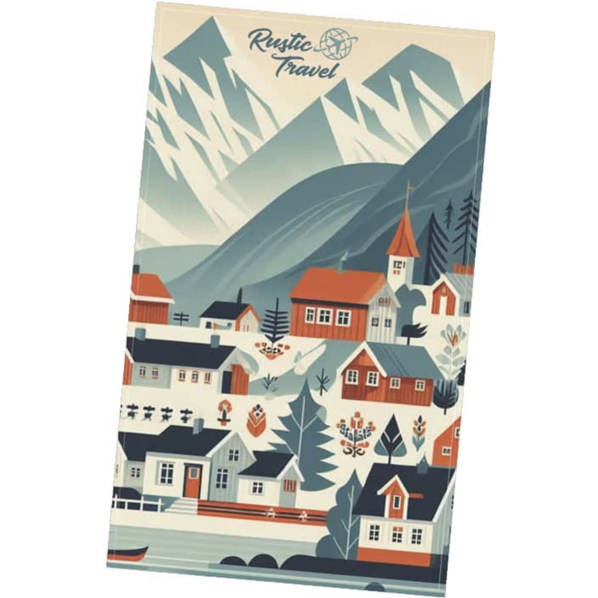 A custom tea towel featuring a rustic village scene with mountains, houses in various colours, and a logo at the top.