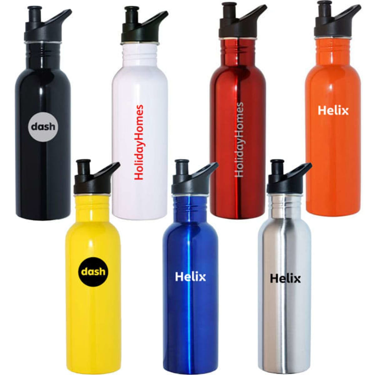 A drink bottle collection featuring stainless steel designs in black, white, red, orange, yellow, blue, and silver, each with a cap and a logo.