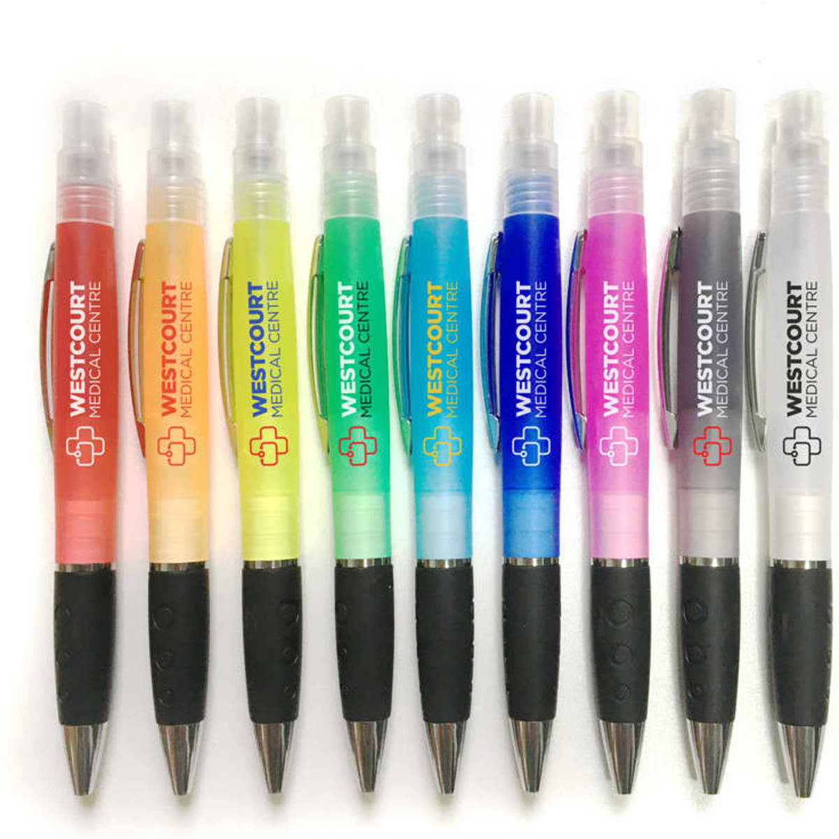 A row of ten sanitiser spray pens in various colours, each with a black rubber grip and a logo.
