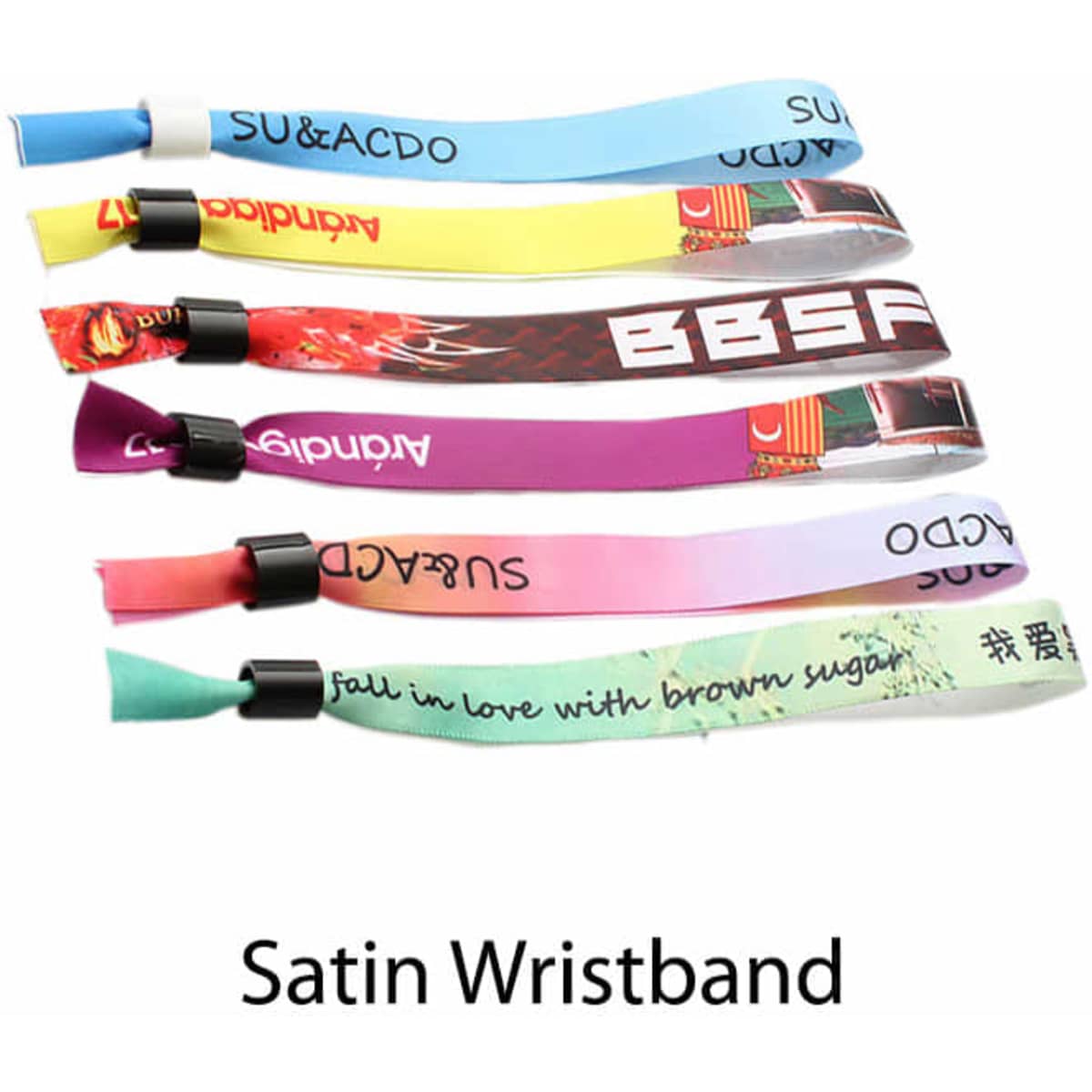 A collection of satin wristbands in various colours, featuring different patterns and a logo on each band.