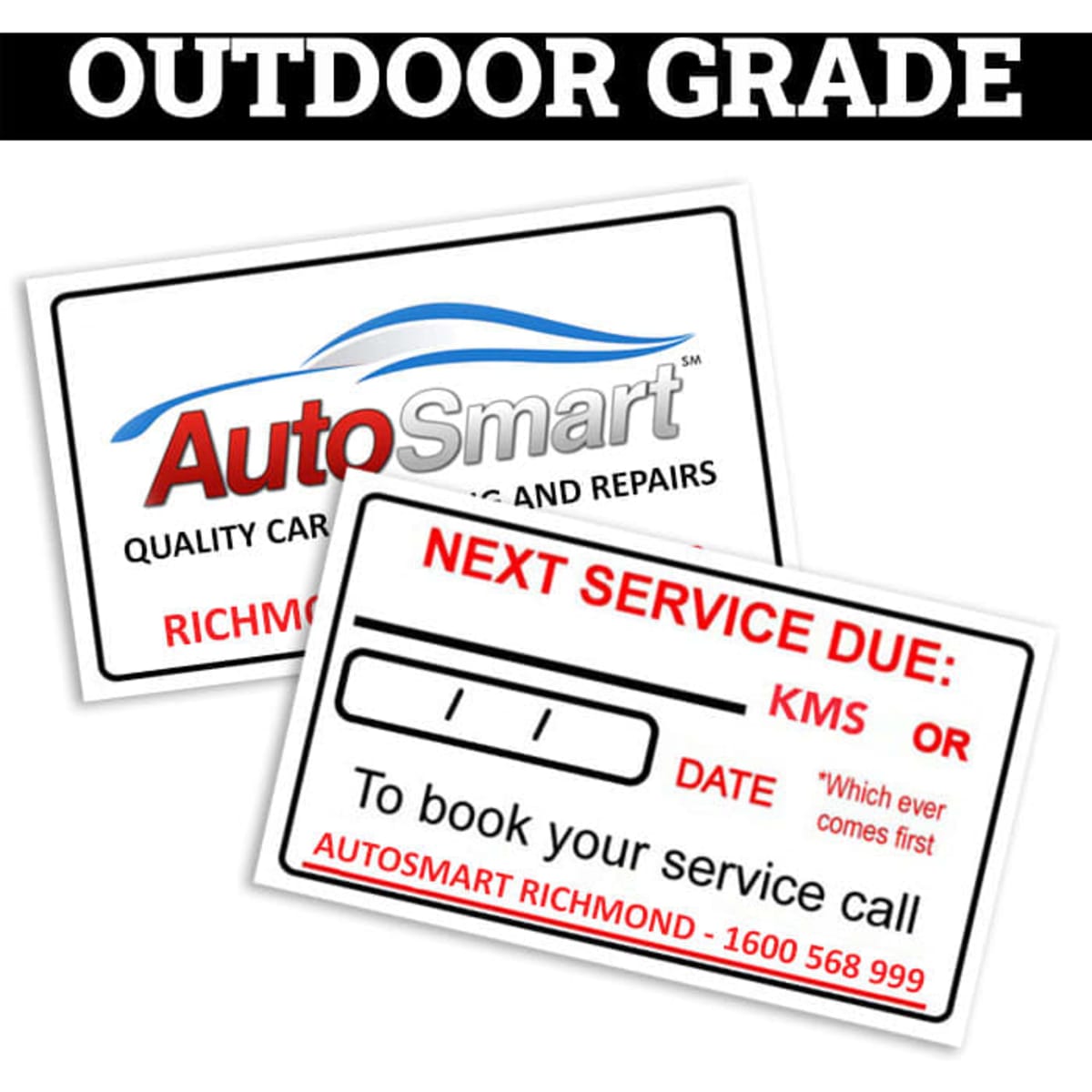 Two outdoor-grade service stickers featuring a logo and fields for service dates and distances, predominantly in white with blue accents.