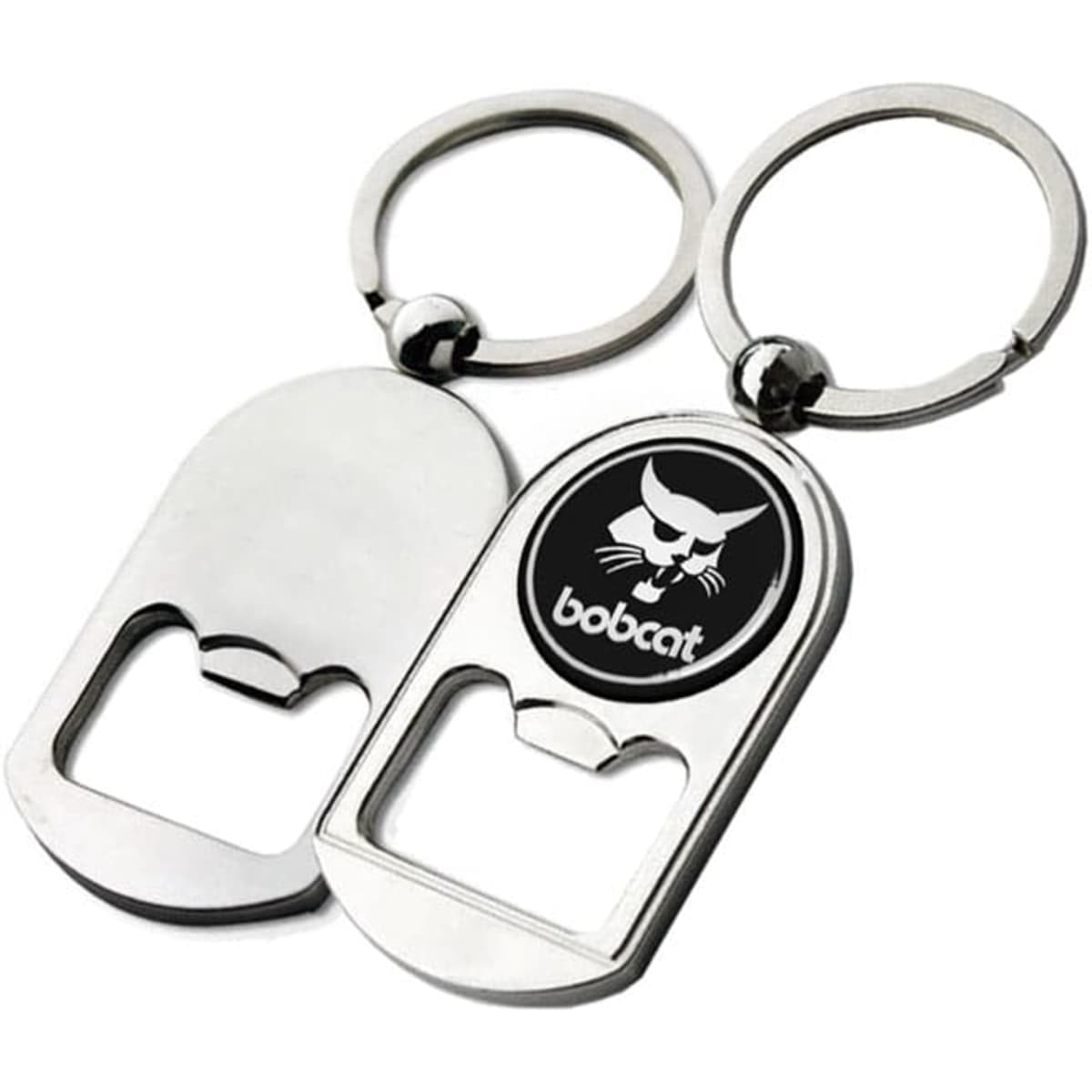 A drink bottle opener keyring in silver with a circular keyring attachment and a logo on one side.