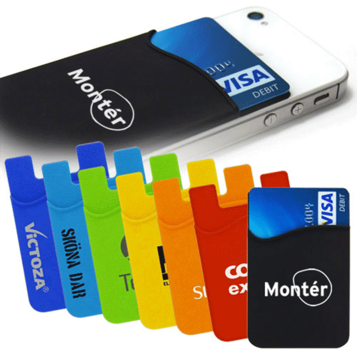 A selection of colourful silicone mobile pockets holding cards, designed to adhere to phones, featuring a logo.