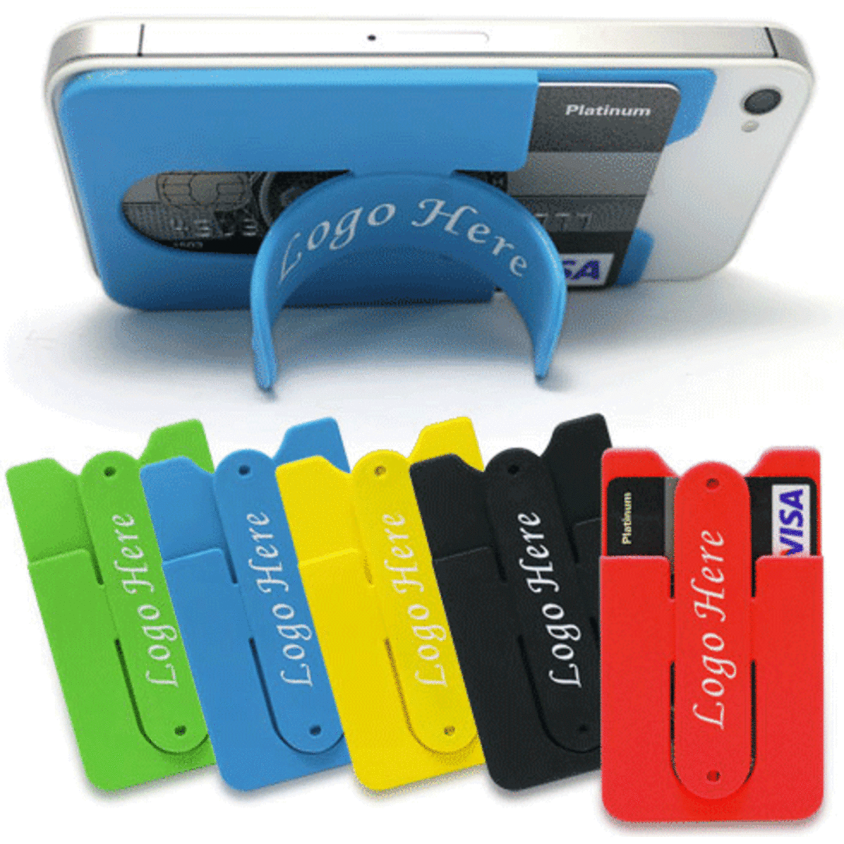 A collection of silicone mobile pockets in various colours, featuring card slots and a built-in stand.