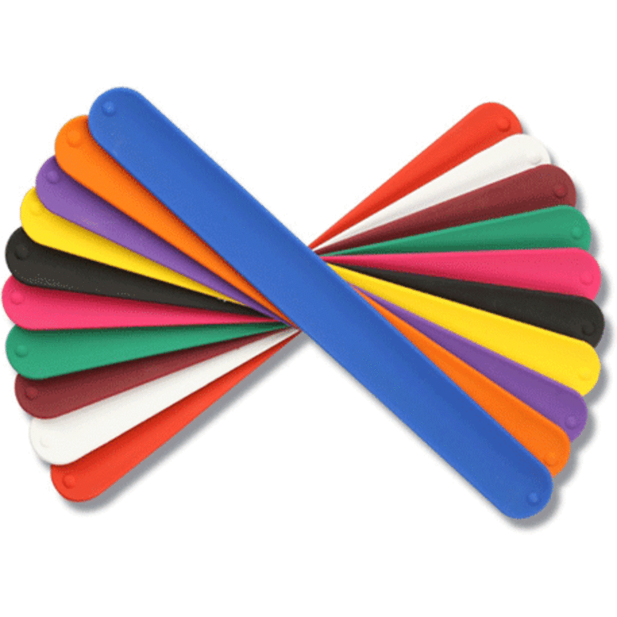 A collection of silicon slap bands in various colours, including blue, orange, black, green, pink, and white, arranged together.