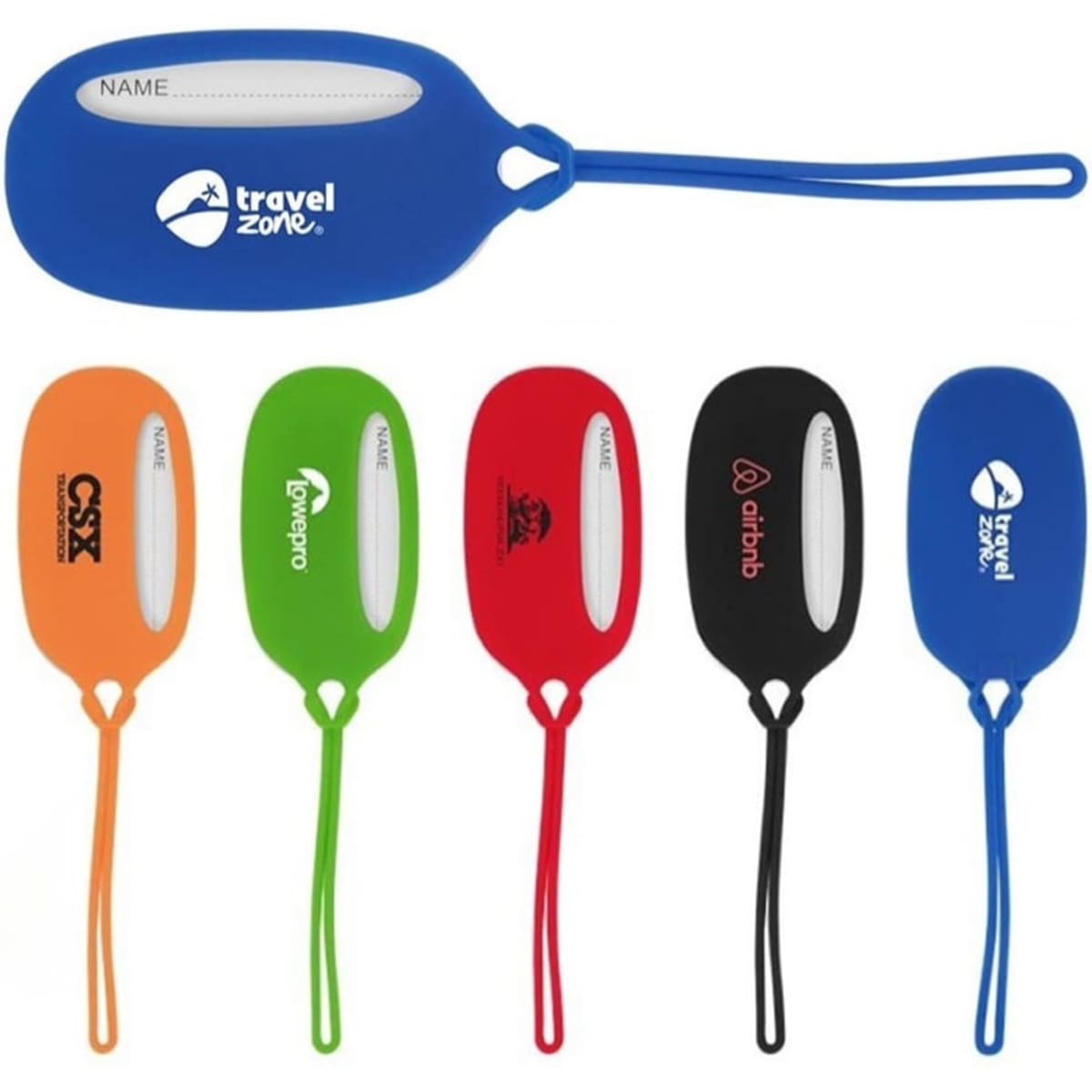 A set of silicone luggage tags in blue, orange, red, black, and green, each featuring a logo and a space for a name.