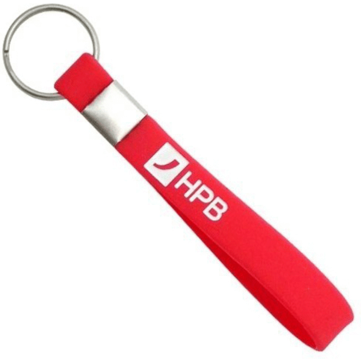 A red silicone loop keyring with a metal ring and a logo on the strap.