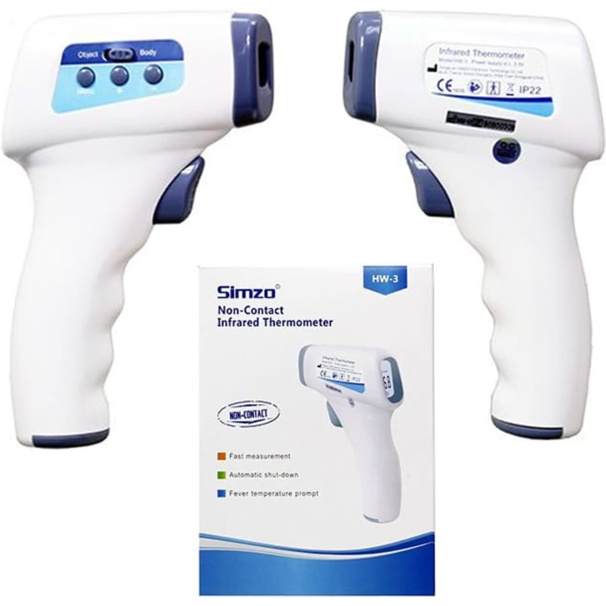A white and blue non-contact infrared thermometer with a packaging box. The thermometer features buttons for "Object" and "Body."